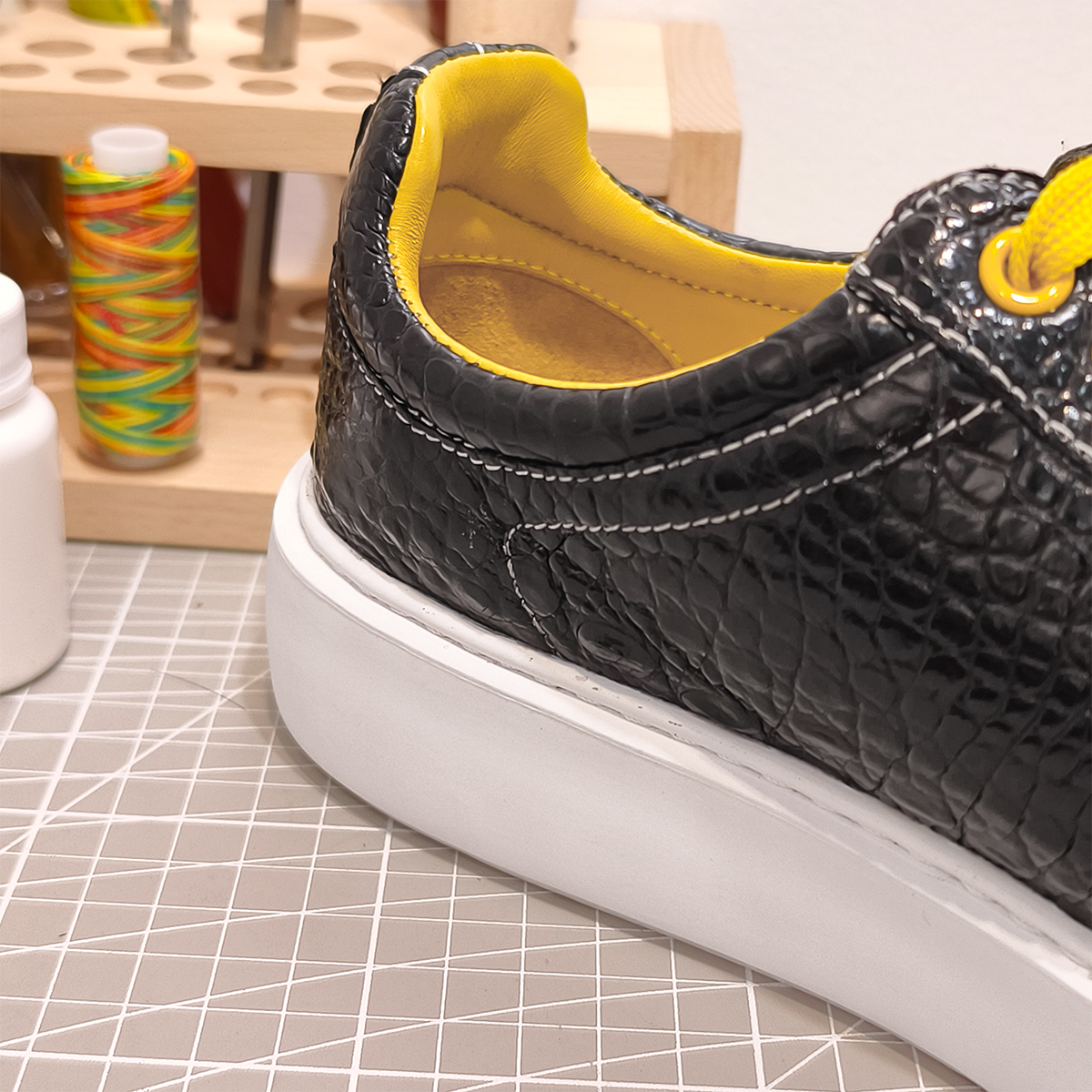 Handmade Genuine Alligator Belly Leather Sneakers, Glossy Black with Vibrant Yellow Accents & Italian-Brand Sole