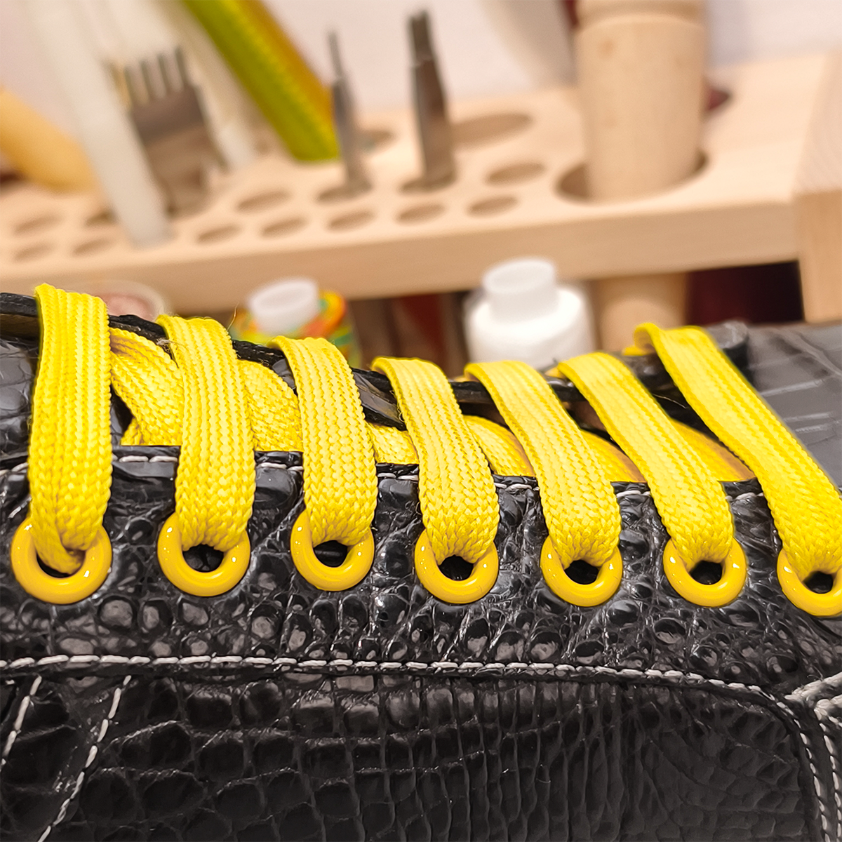 Handmade Genuine Alligator Belly Leather Sneakers, Glossy Black with Vibrant Yellow Accents & Italian-Brand Sole