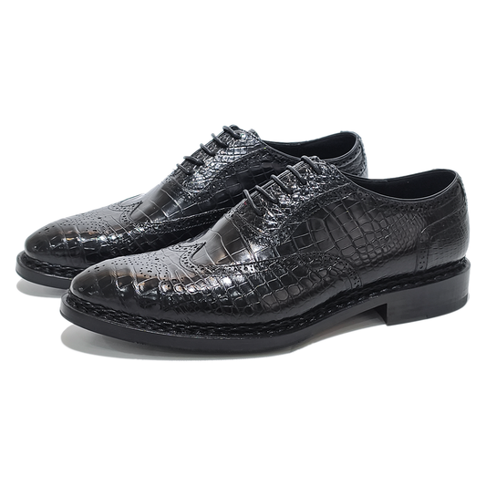Handmade Alligator Leather Brogue Oxford Shoes, Black with Norwegian Sewing Craft & Genuine Leather Sole