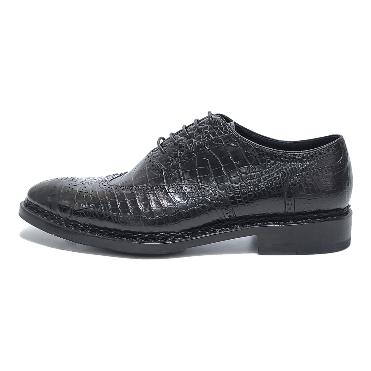 Handmade Alligator Leather Brogue Oxford Shoes, Black with Norwegian Sewing Craft & Genuine Leather Sole