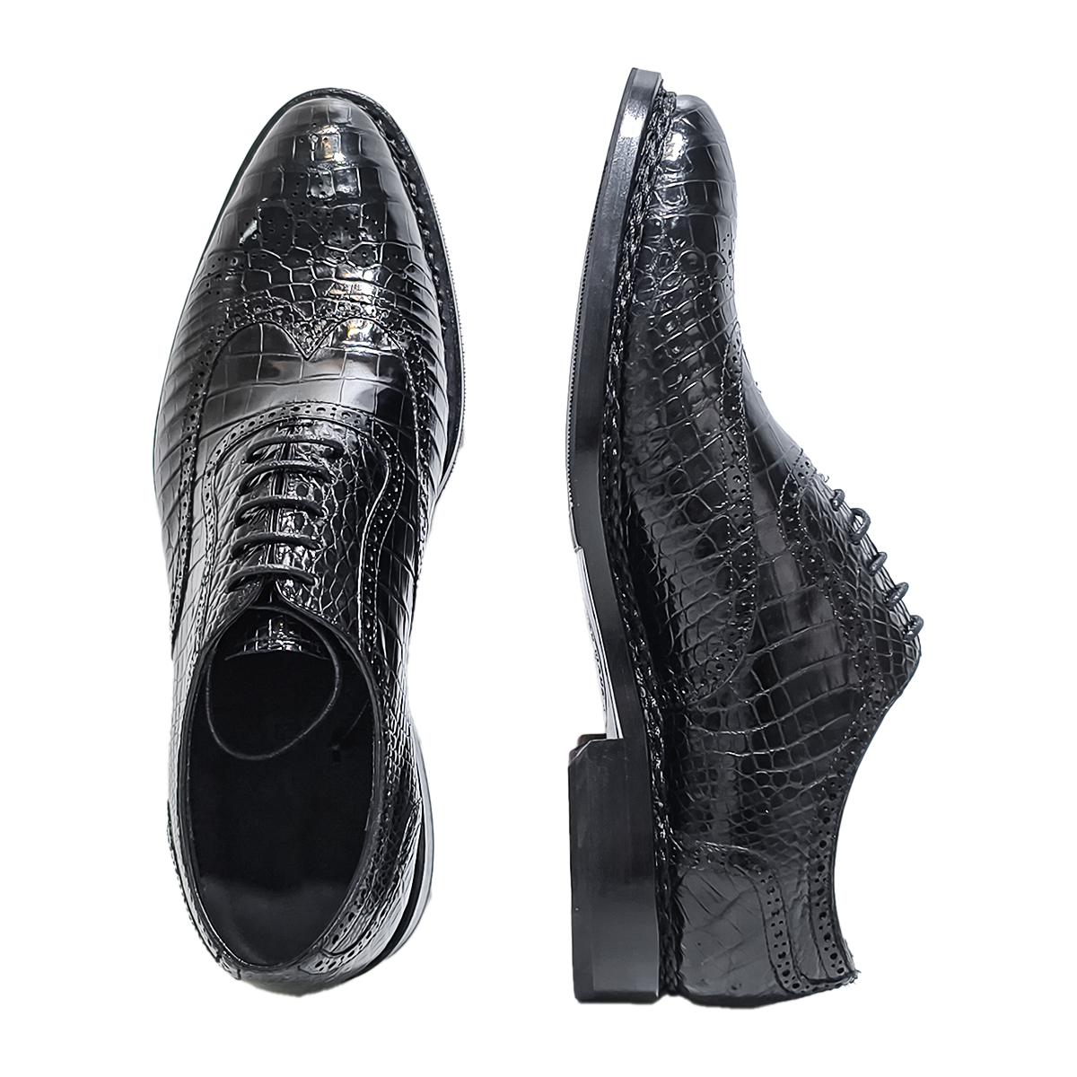 Handmade Alligator Leather Brogue Oxford Shoes, Black with Norwegian Sewing Craft & Genuine Leather Sole