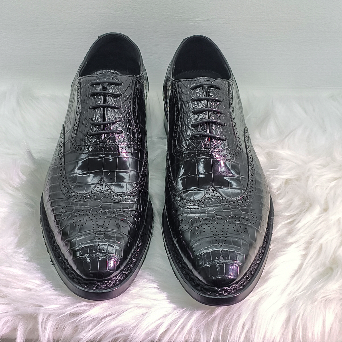 Handmade Alligator Leather Brogue Oxford Shoes, Black with Norwegian Sewing Craft & Genuine Leather Sole