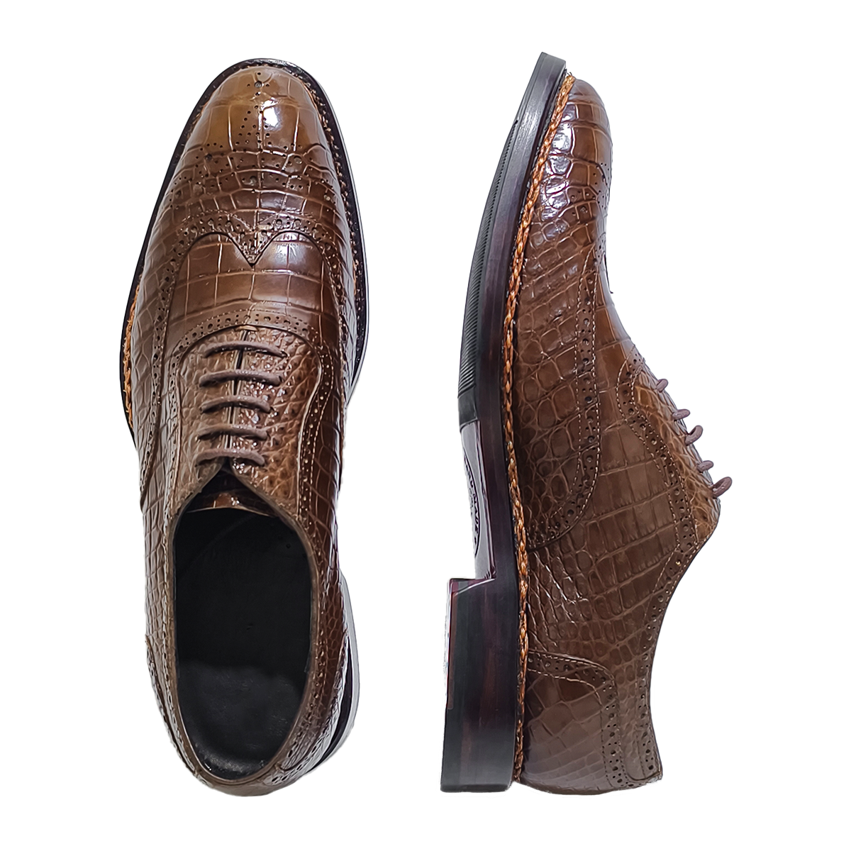 Handmade Alligator Leather Brogue Oxford Shoes, Black Dress Shoes with Norwegian Sewing Craft Sole