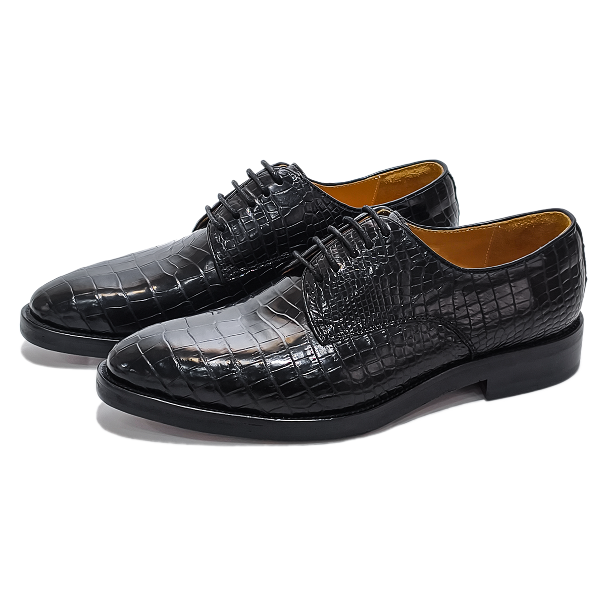 Handmade Alligator Leather Derby Shoes, Glossy Black Business Dress Shoes