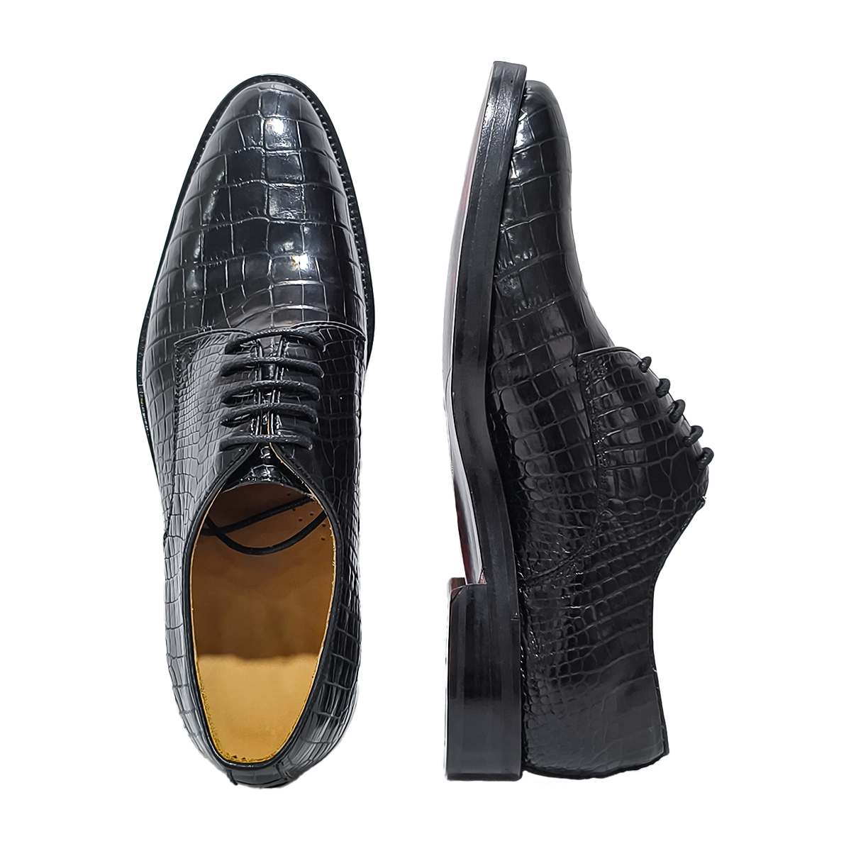 Handmade Alligator Leather Derby Shoes, Glossy Black Business Dress Shoes