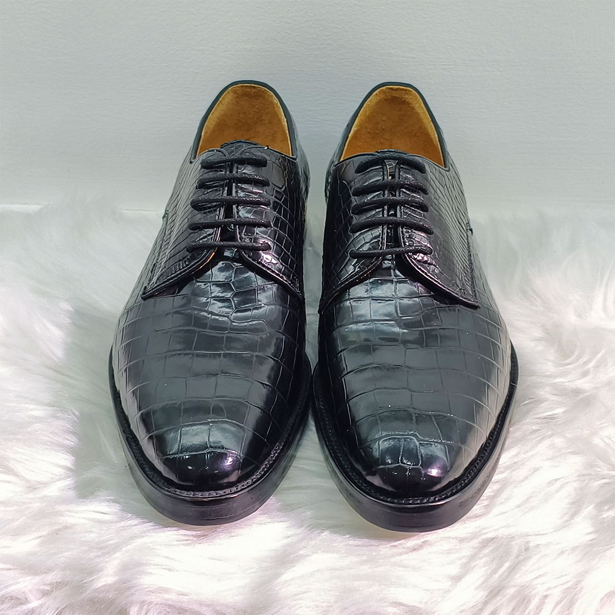 Handmade Alligator Leather Derby Shoes, Glossy Black Business Dress Shoes