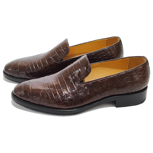 Handmade Genuine Alligator Leather Loafers, Rich Brown with Artisanal Stitching