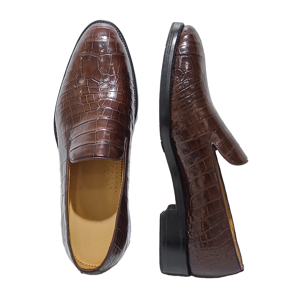 Handmade Genuine Alligator Leather Loafers, Rich Brown with Artisanal Stitching