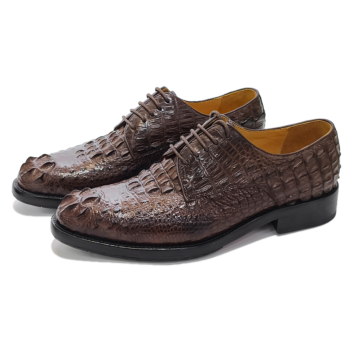 Handmade Genuine Alligator Bone Leather Derby Shoes, Rich Brown Business Dress Shoes