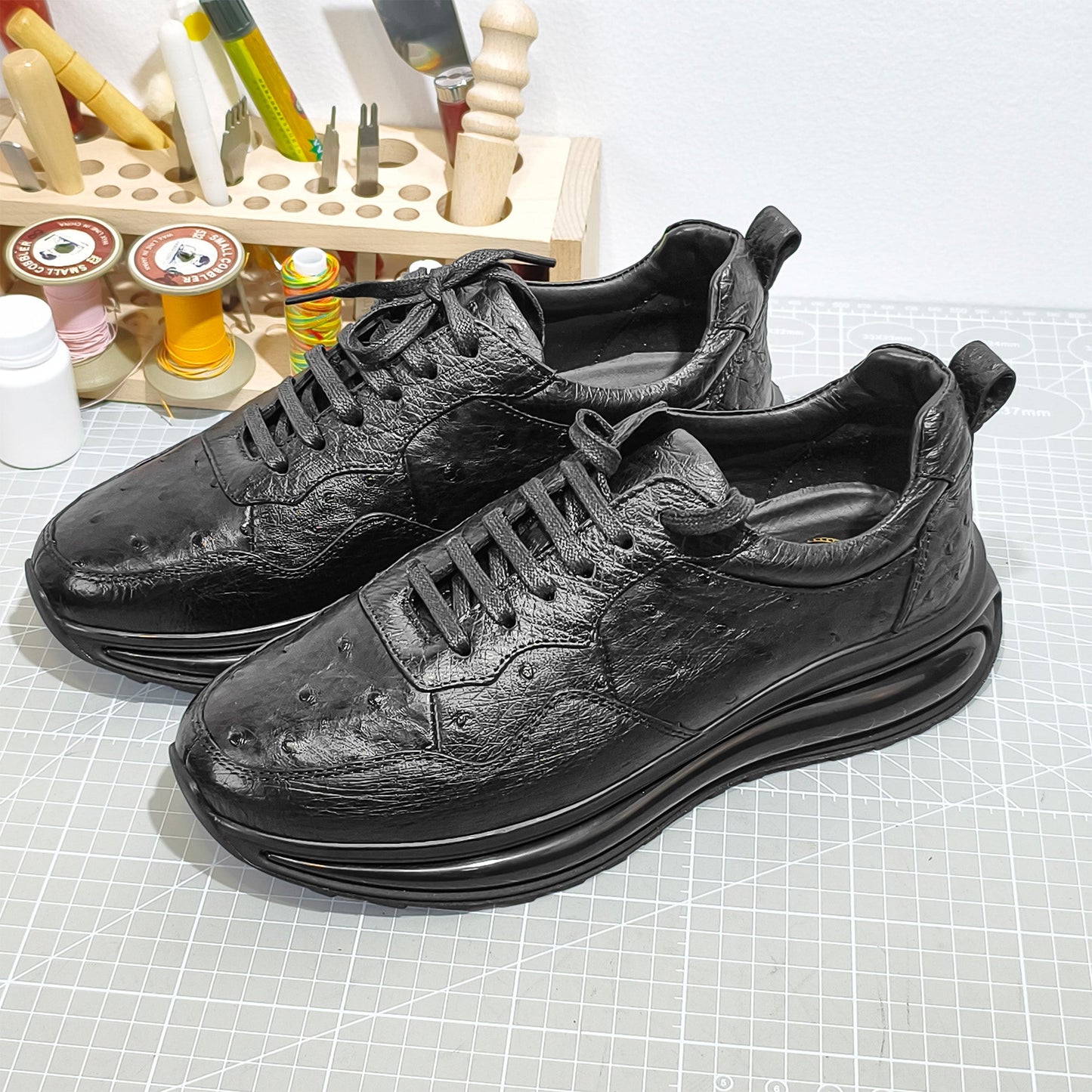 Handmade Genuine Ostrich Leather Sneakers, Glossy Black – Ultra-Light Air Cushion Sole & Luxe Casual Comfort
