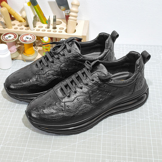 Handmade Genuine Ostrich Leather Sneakers, Glossy Black – Ultra-Light Air Cushion Sole & Luxe Casual Comfort