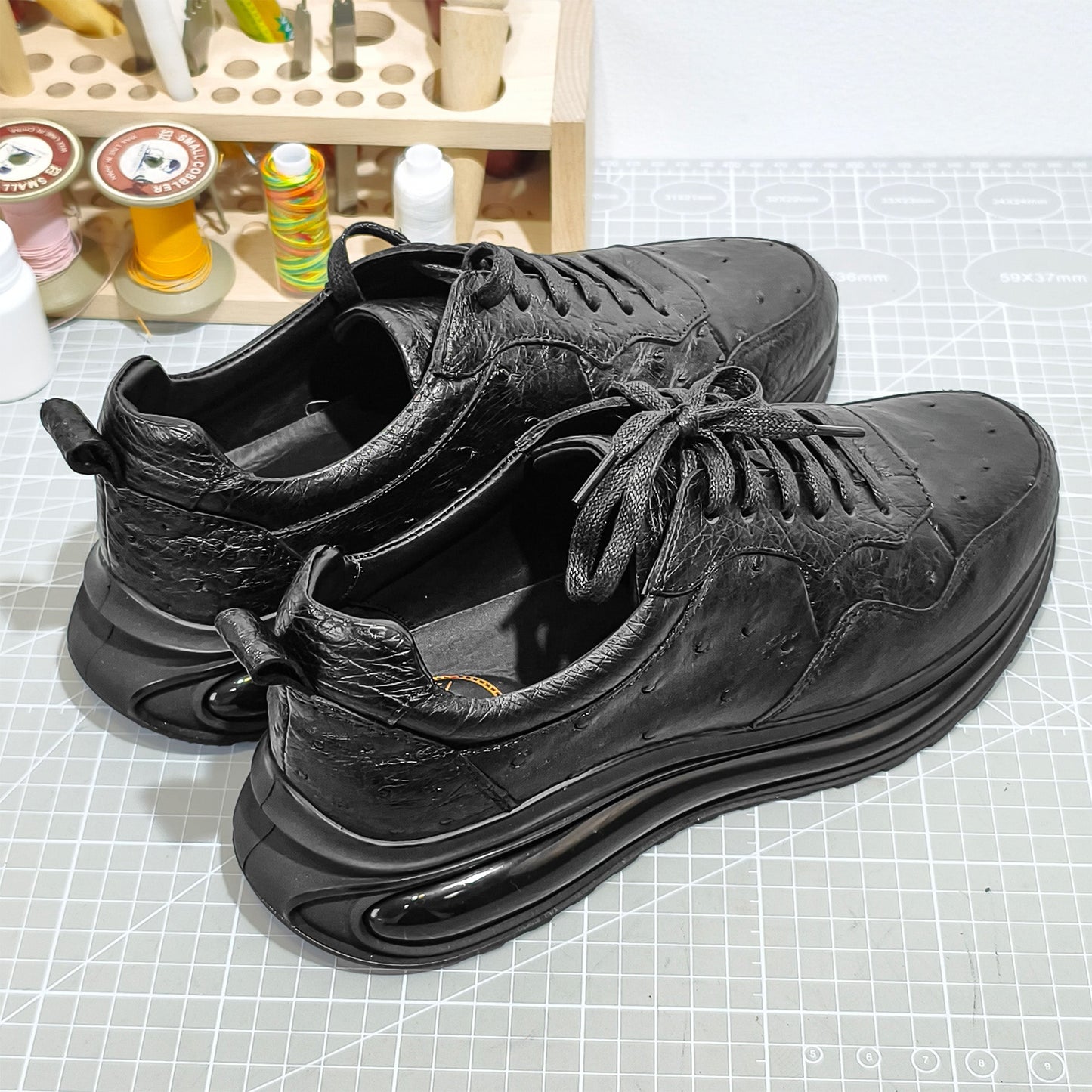 Handmade Genuine Ostrich Leather Sneakers, Glossy Black – Ultra-Light Air Cushion Sole & Luxe Casual Comfort