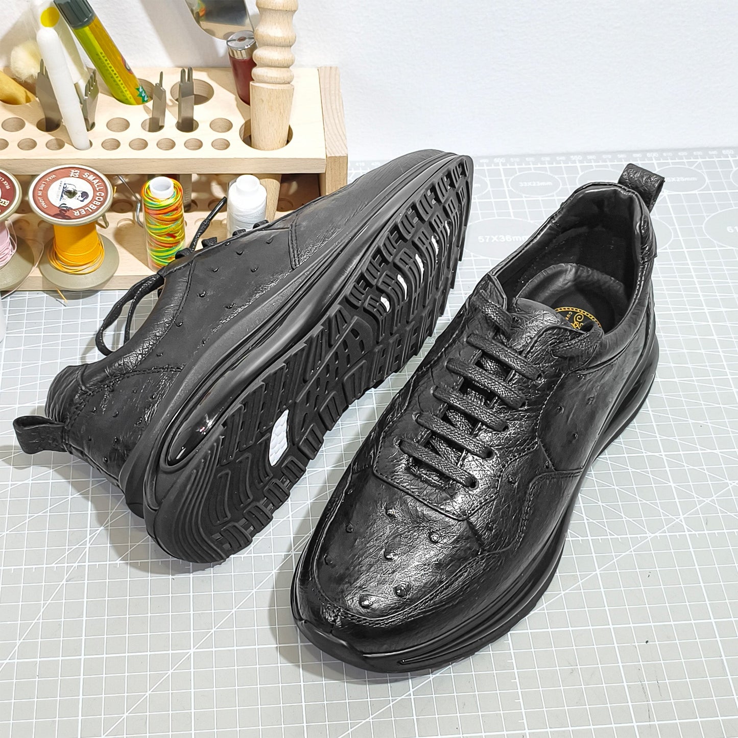 Handmade Genuine Ostrich Leather Sneakers, Glossy Black – Ultra-Light Air Cushion Sole & Luxe Casual Comfort