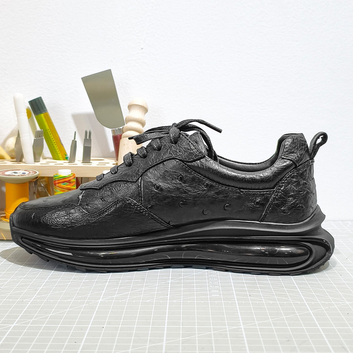 Handmade Genuine Ostrich Leather Sneakers, Glossy Black – Ultra-Light Air Cushion Sole & Luxe Casual Comfort