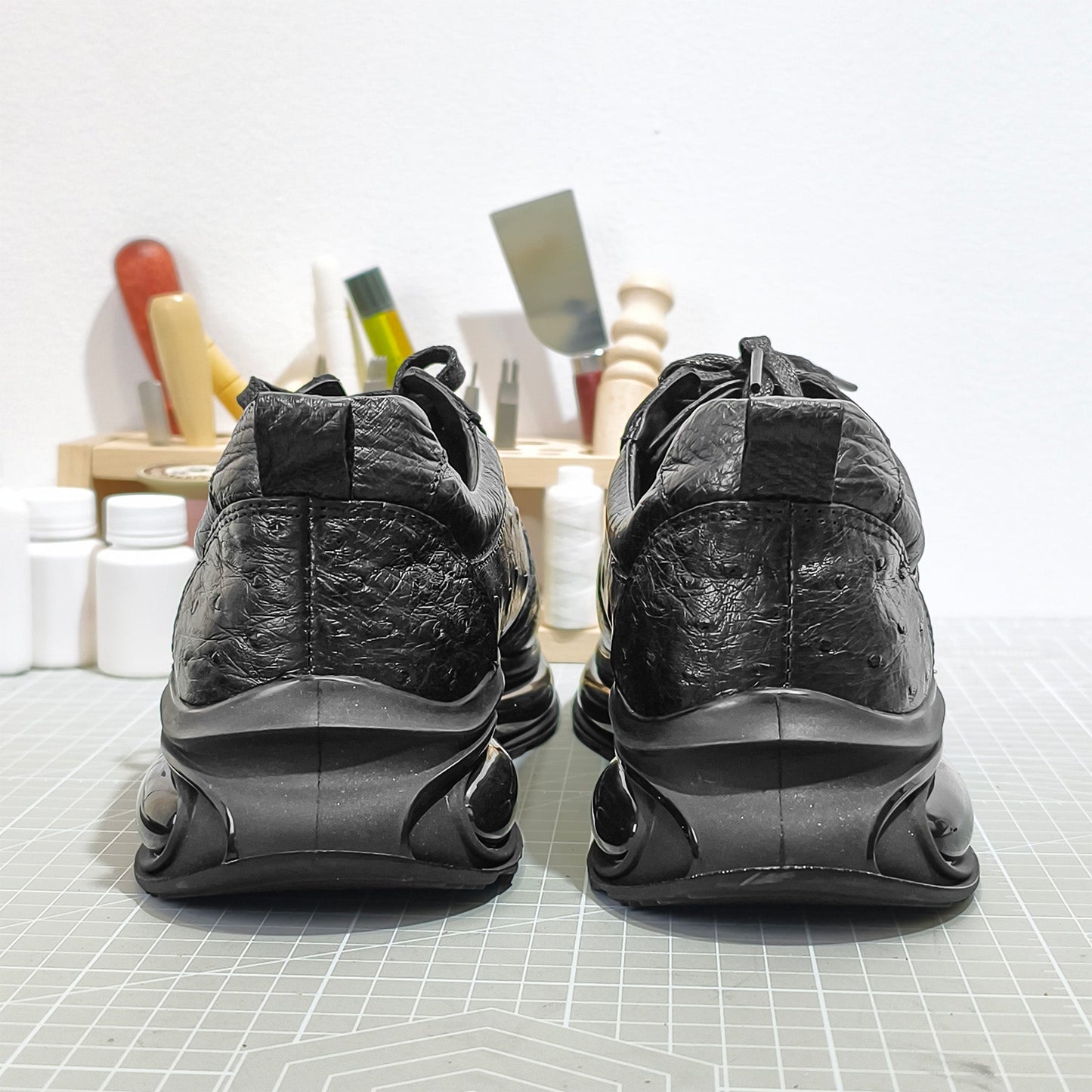 Handmade Genuine Ostrich Leather Sneakers, Glossy Black – Ultra-Light Air Cushion Sole & Luxe Casual Comfort