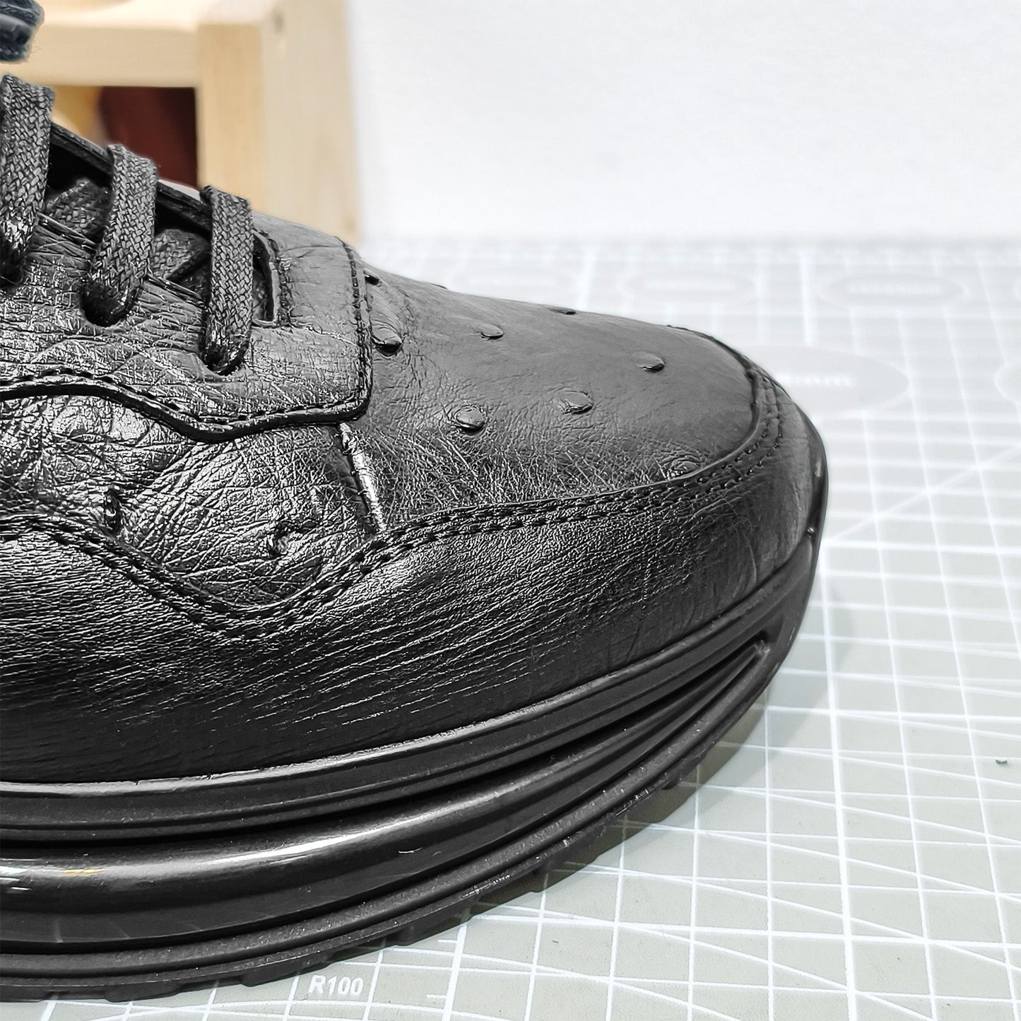 Handmade Genuine Ostrich Leather Sneakers, Glossy Black – Ultra-Light Air Cushion Sole & Luxe Casual Comfort