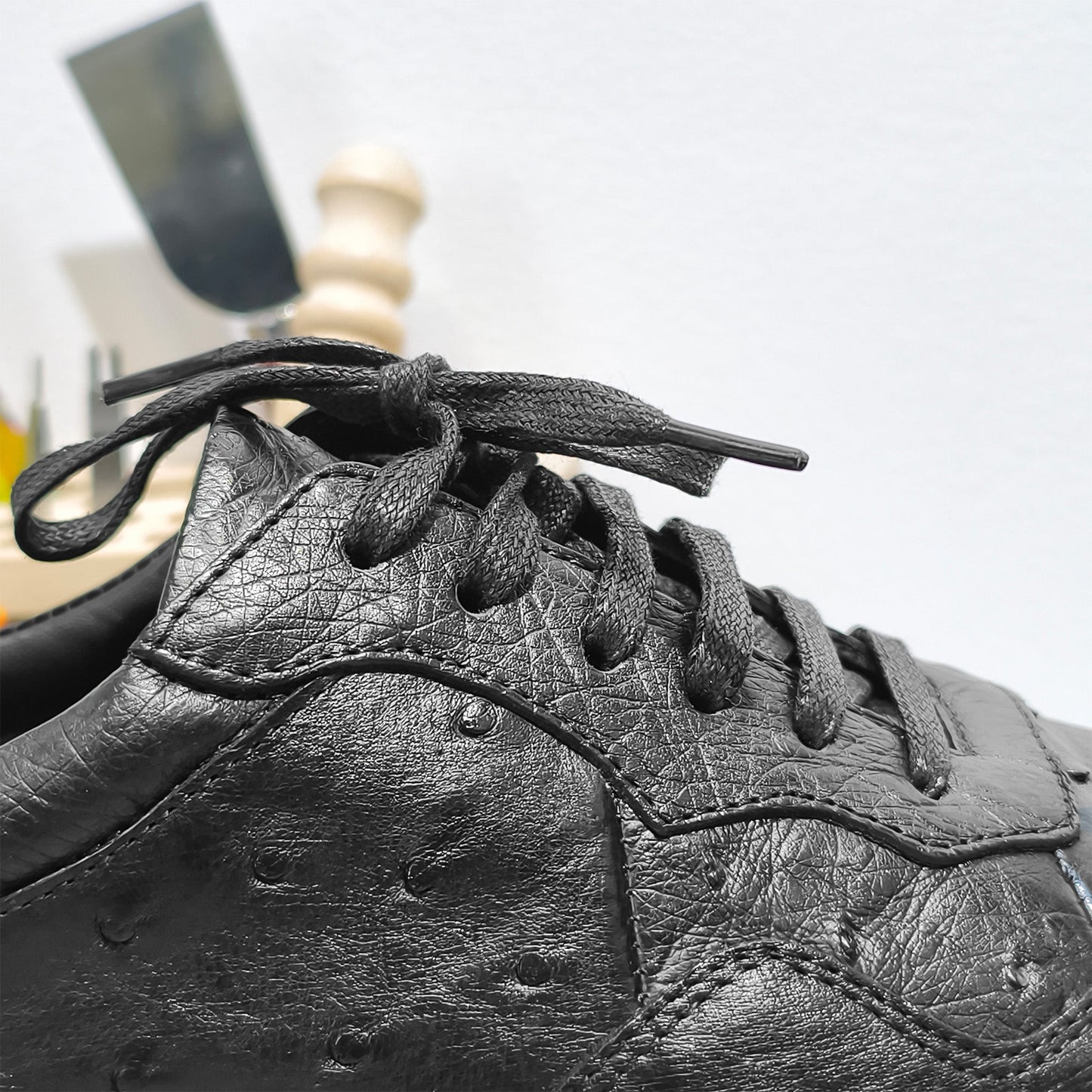 Handmade Genuine Ostrich Leather Sneakers, Glossy Black – Ultra-Light Air Cushion Sole & Luxe Casual Comfort