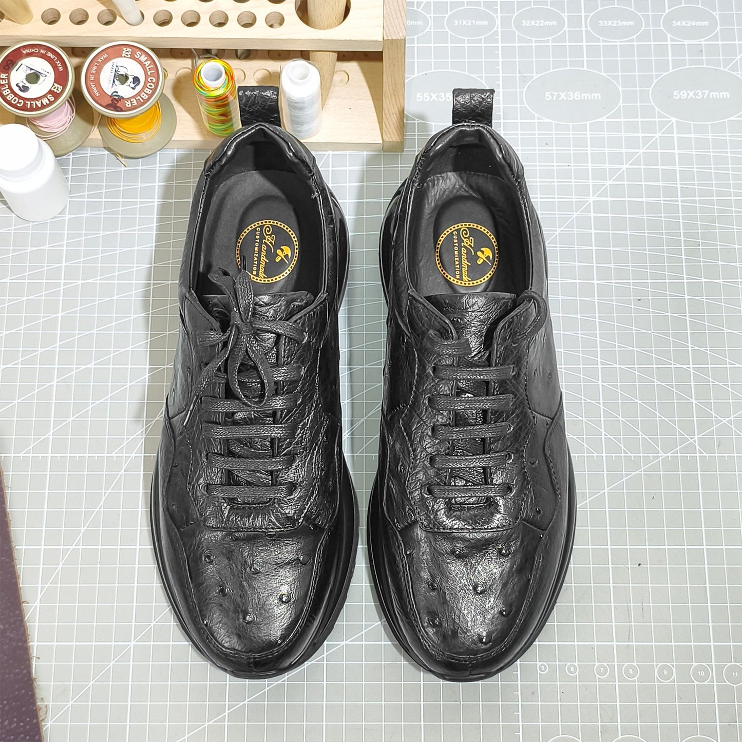 Handmade Genuine Ostrich Leather Sneakers, Glossy Black – Ultra-Light Air Cushion Sole & Luxe Casual Comfort