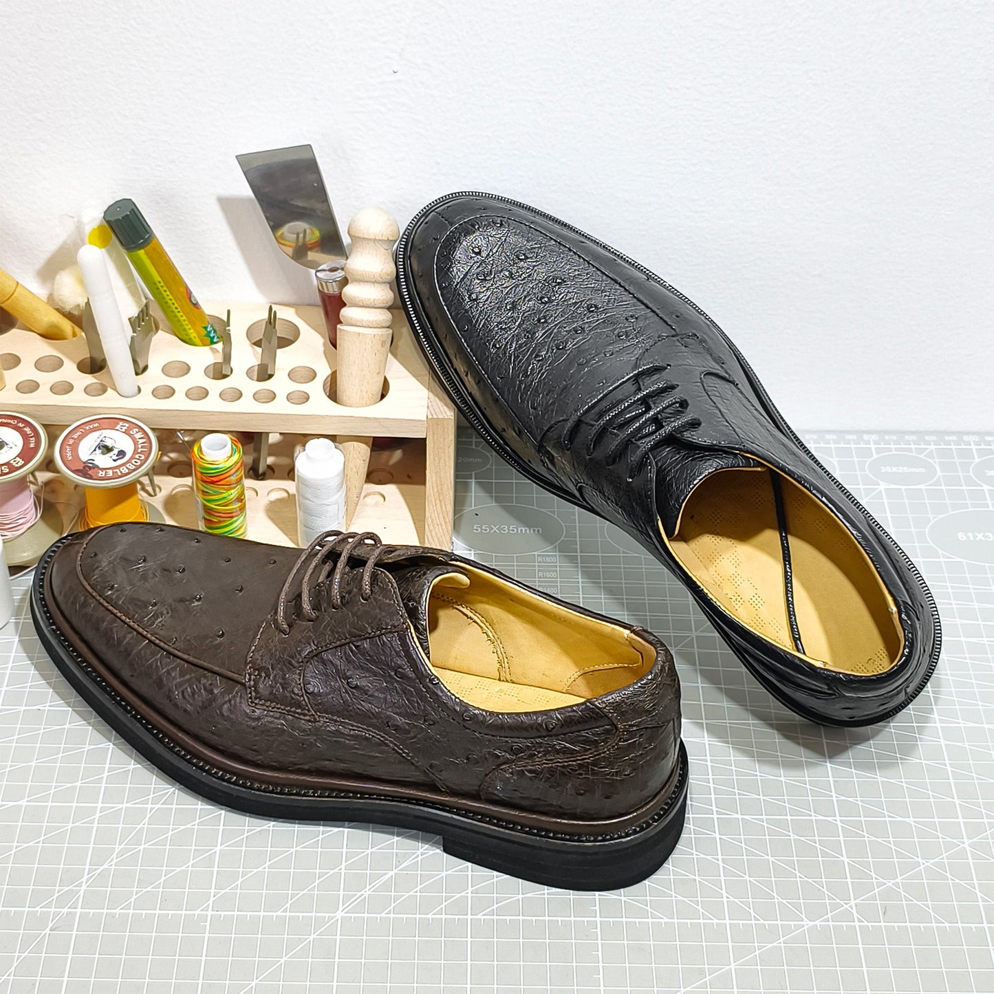 Handmade Genuine Ostrich Leather Oxford Shoes, Rich Brown – Branded Sole & Dual Color Options