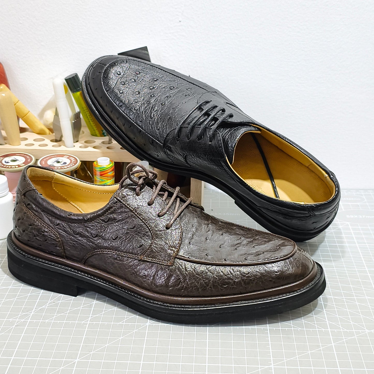 Handmade Genuine Ostrich Leather Oxford Shoes, Rich Brown – Branded Sole & Dual Color Options