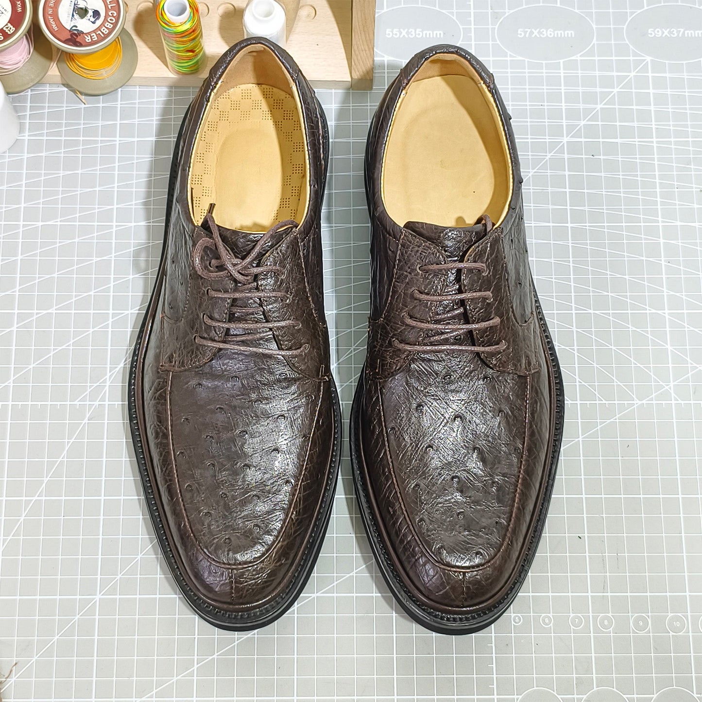 Handmade Genuine Ostrich Leather Oxford Shoes, Rich Brown – Branded Sole & Dual Color Options