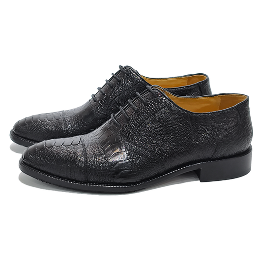 Handmade Genuine Ostrich Leather Oxford Shoes, Glossy Black with Real Leather Sole