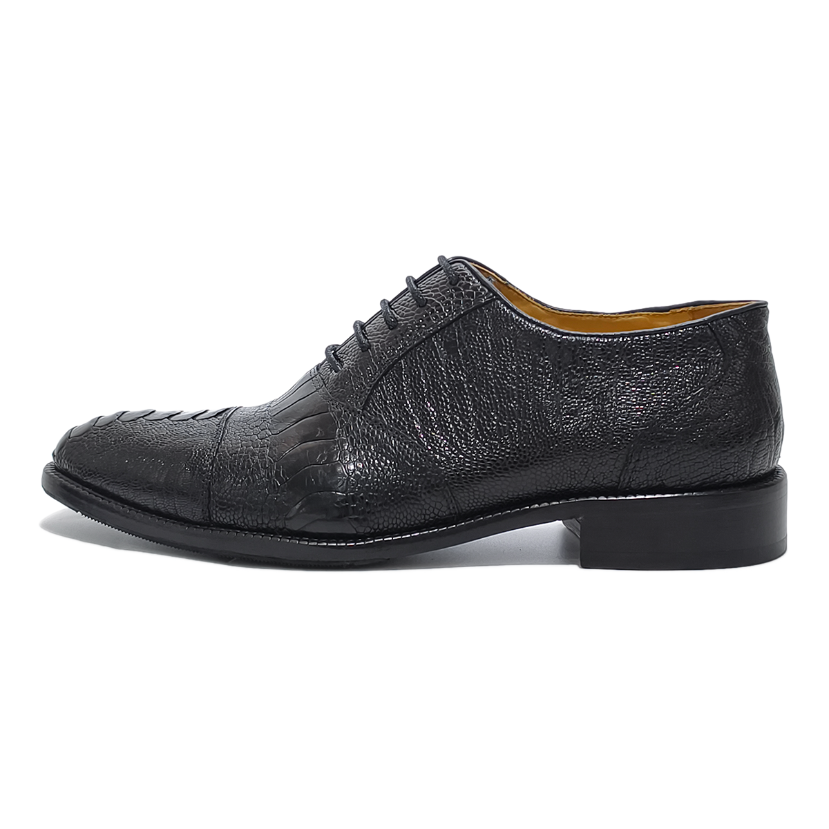 Handmade Genuine Ostrich Leather Oxford Shoes, Glossy Black with Real Leather Sole