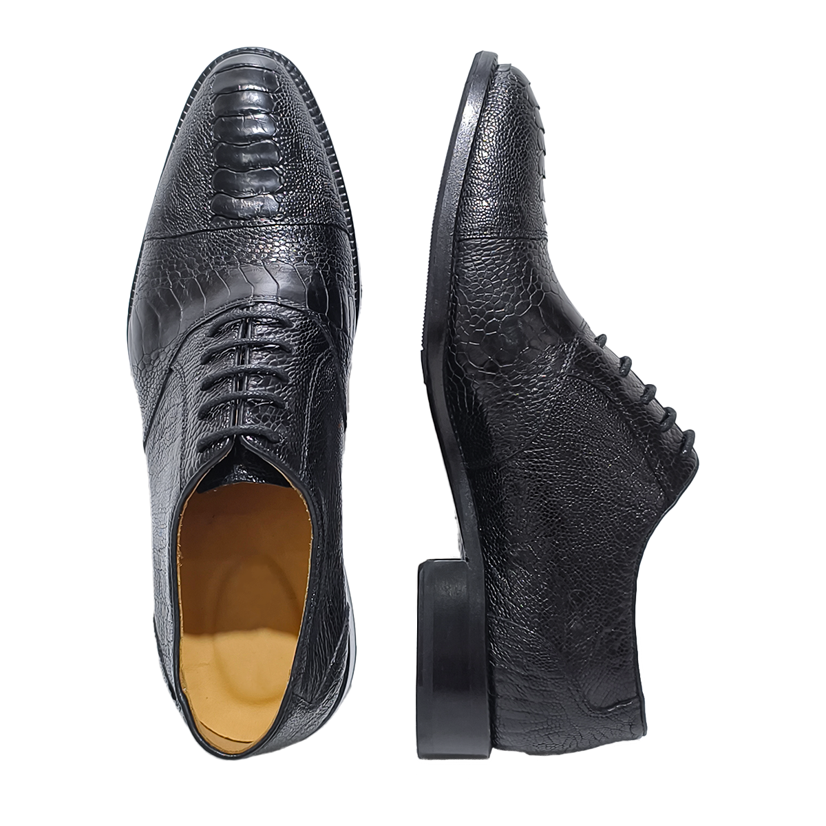 Handmade Genuine Ostrich Leather Oxford Shoes, Glossy Black with Real Leather Sole