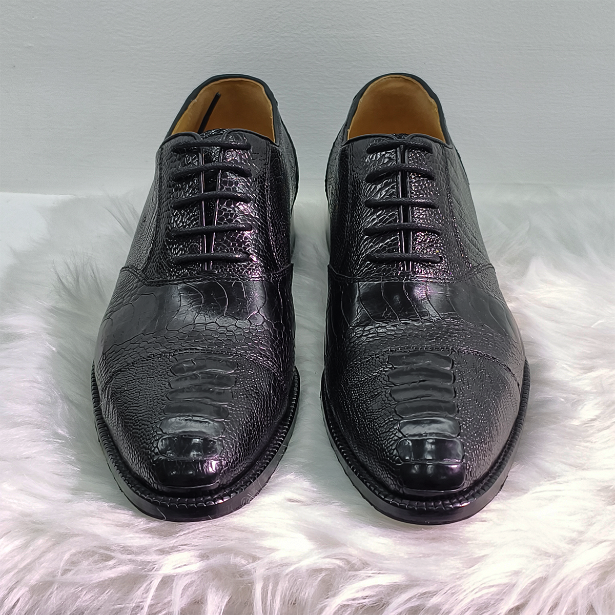 Handmade Genuine Ostrich Leather Oxford Shoes, Glossy Black with Real Leather Sole