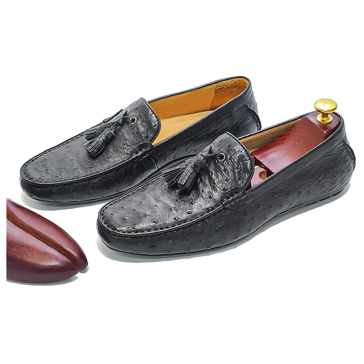 Handmade Genuine Ostrich Leather Tassel Loafer Shoes, Glossy Black