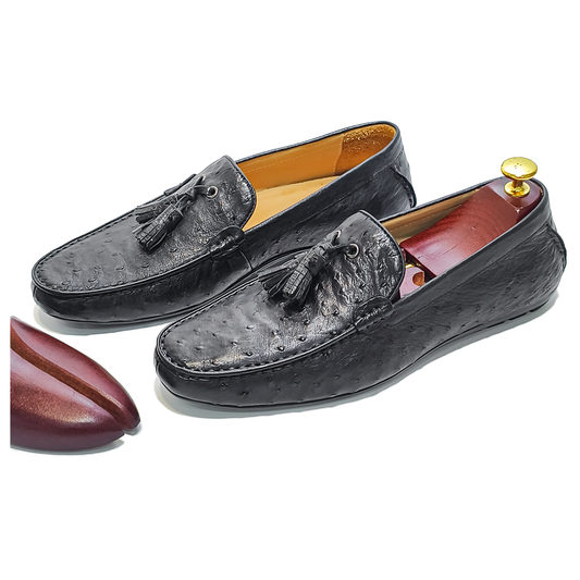 Handmade Genuine Ostrich Leather Tassel Loafer Shoes, Glossy Black