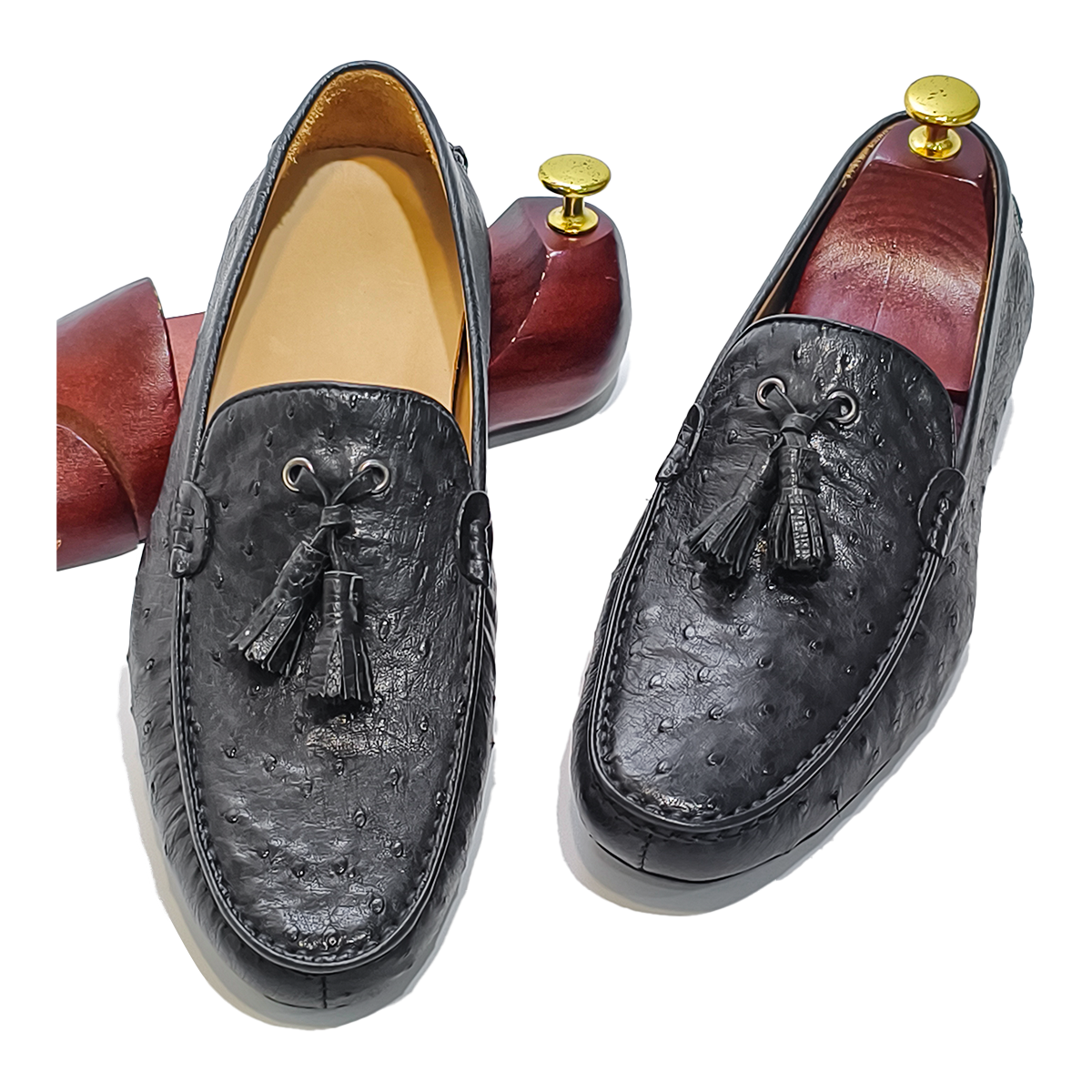 Handmade Genuine Ostrich Leather Tassel Loafer Shoes, Glossy Black