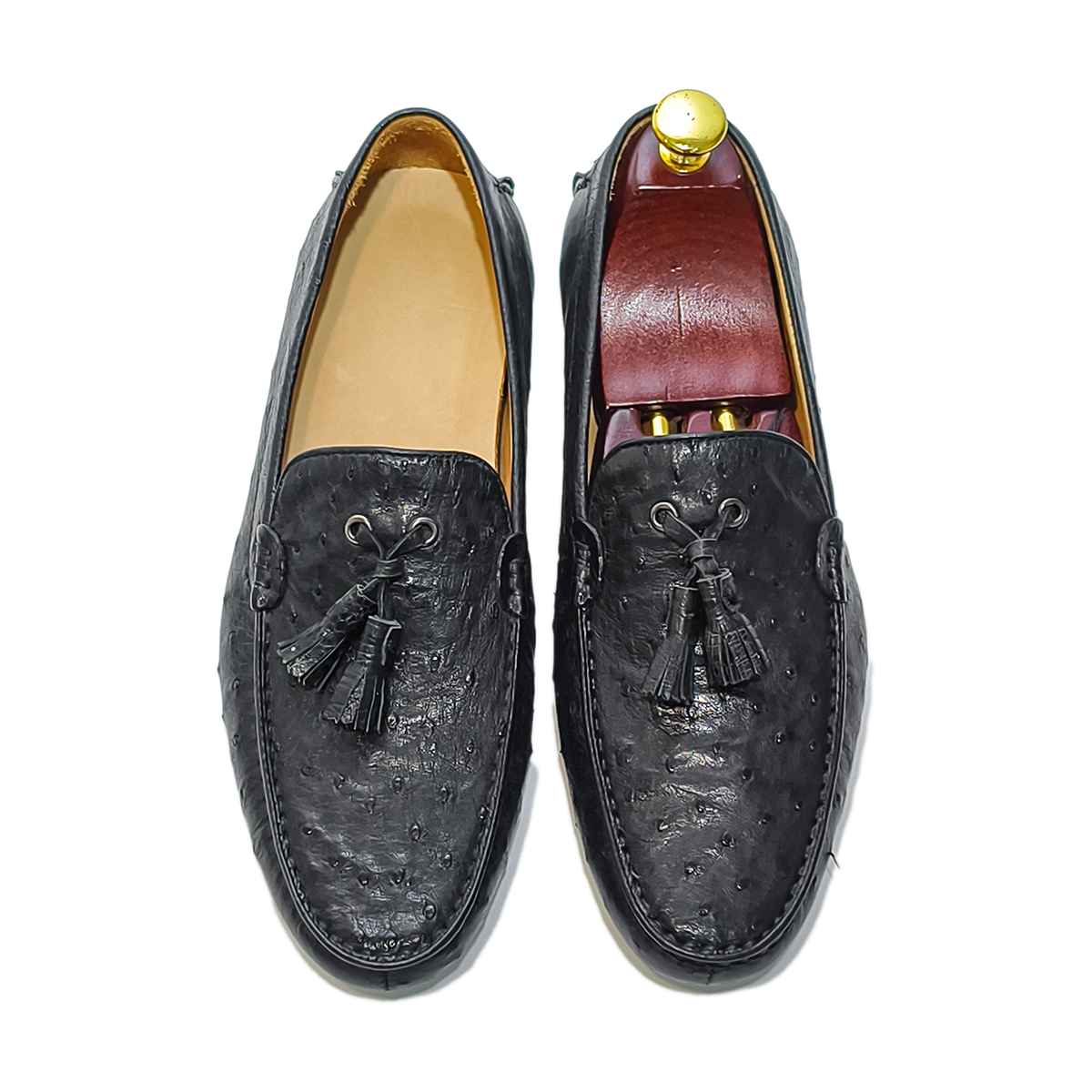 Handmade Genuine Ostrich Leather Tassel Loafer Shoes, Glossy Black