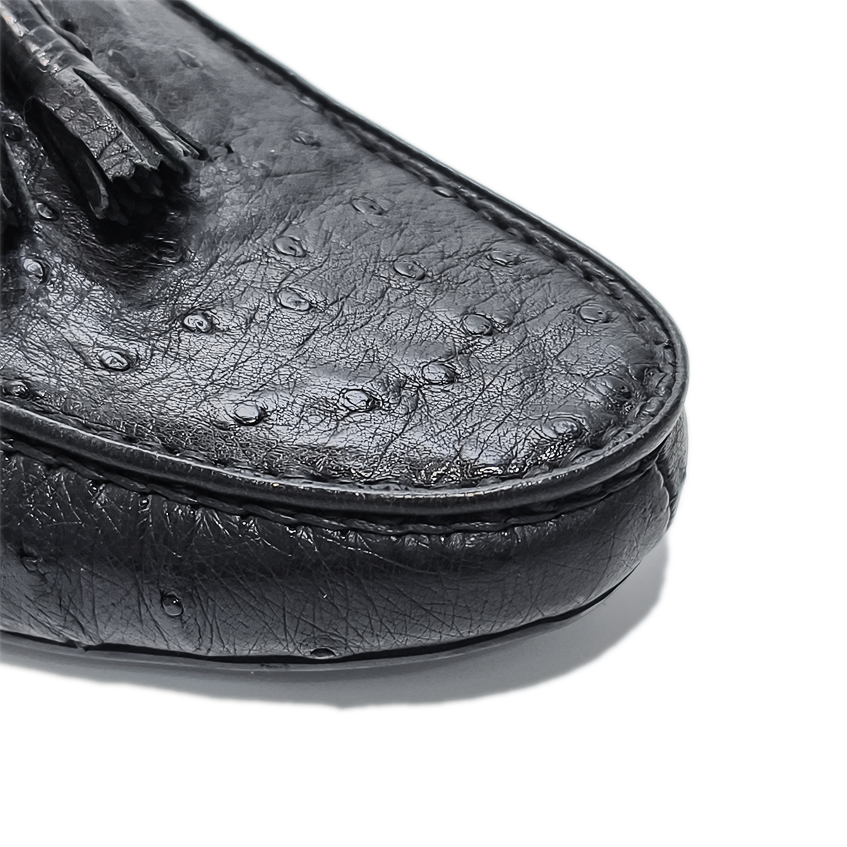 Handmade Genuine Ostrich Leather Tassel Loafer Shoes, Glossy Black
