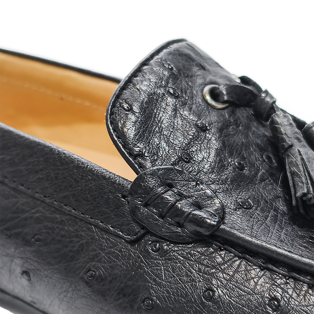 Handmade Genuine Ostrich Leather Tassel Loafer Shoes, Glossy Black