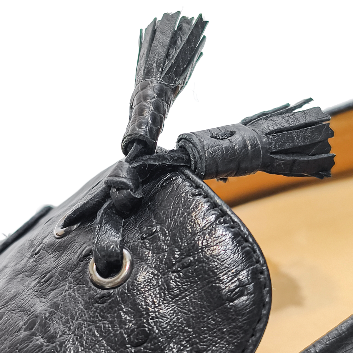 Handmade Genuine Ostrich Leather Tassel Loafer Shoes, Glossy Black