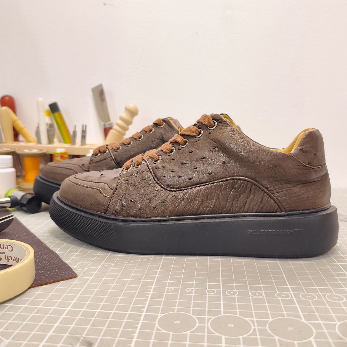 Handmade Genuine Ostrich Leather Sneakers, Rich Brown Design with Italian-Brand Sole