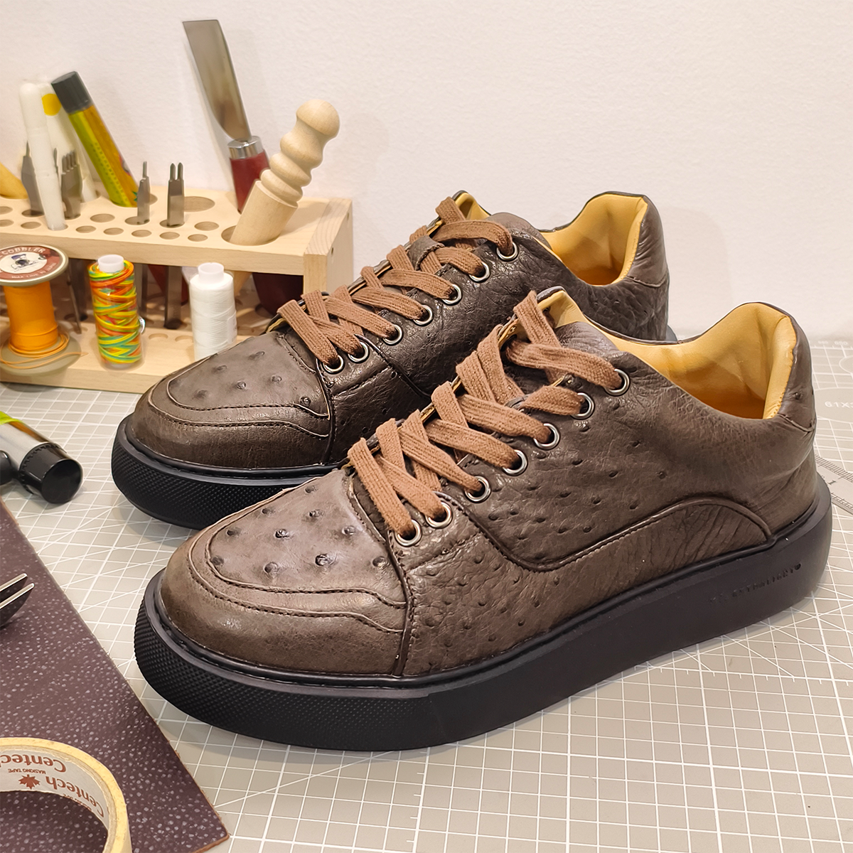 Handmade Genuine Ostrich Leather Sneakers, Rich Brown Design with Italian-Brand Sole