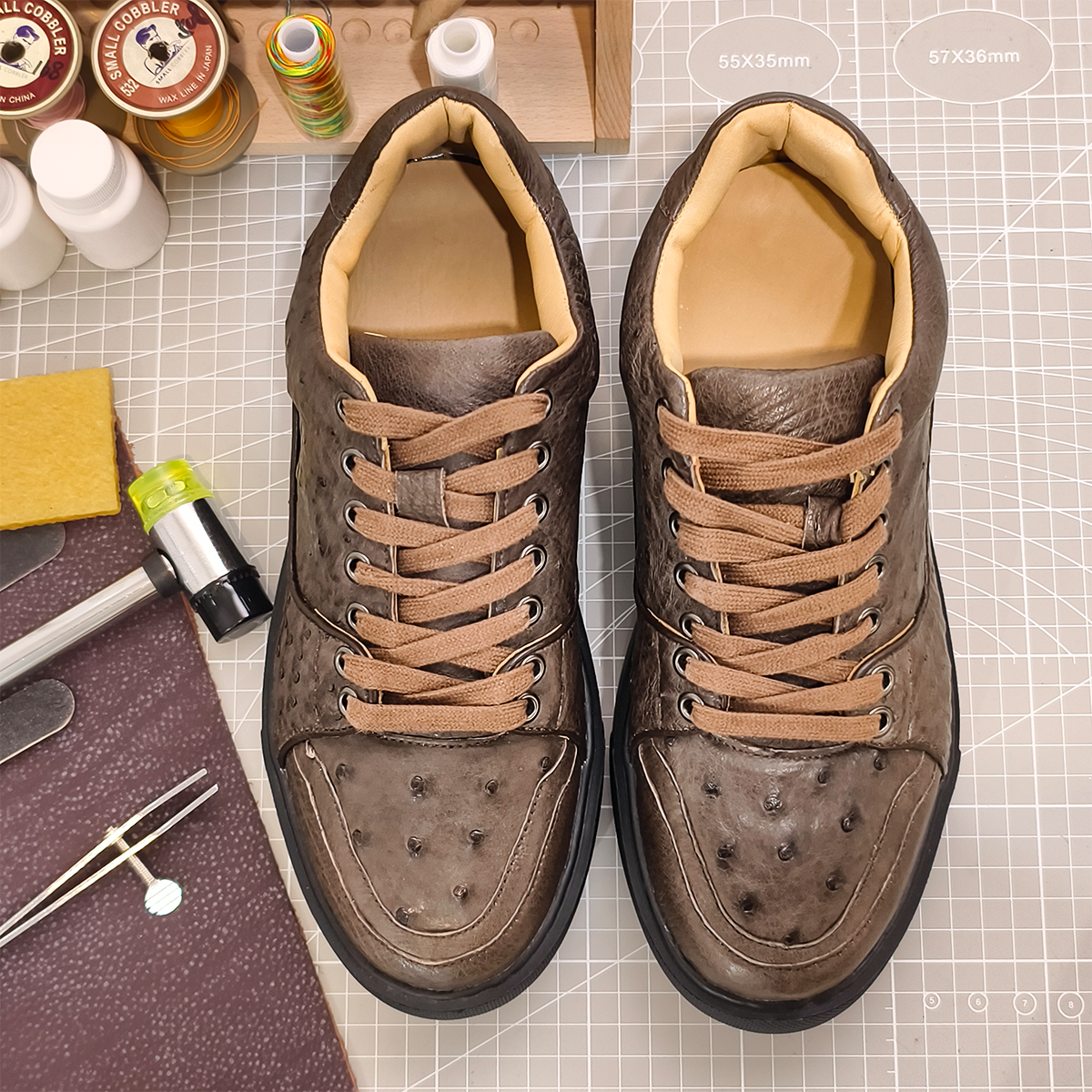 Handmade Genuine Ostrich Leather Sneakers, Rich Brown Design with Italian-Brand Sole