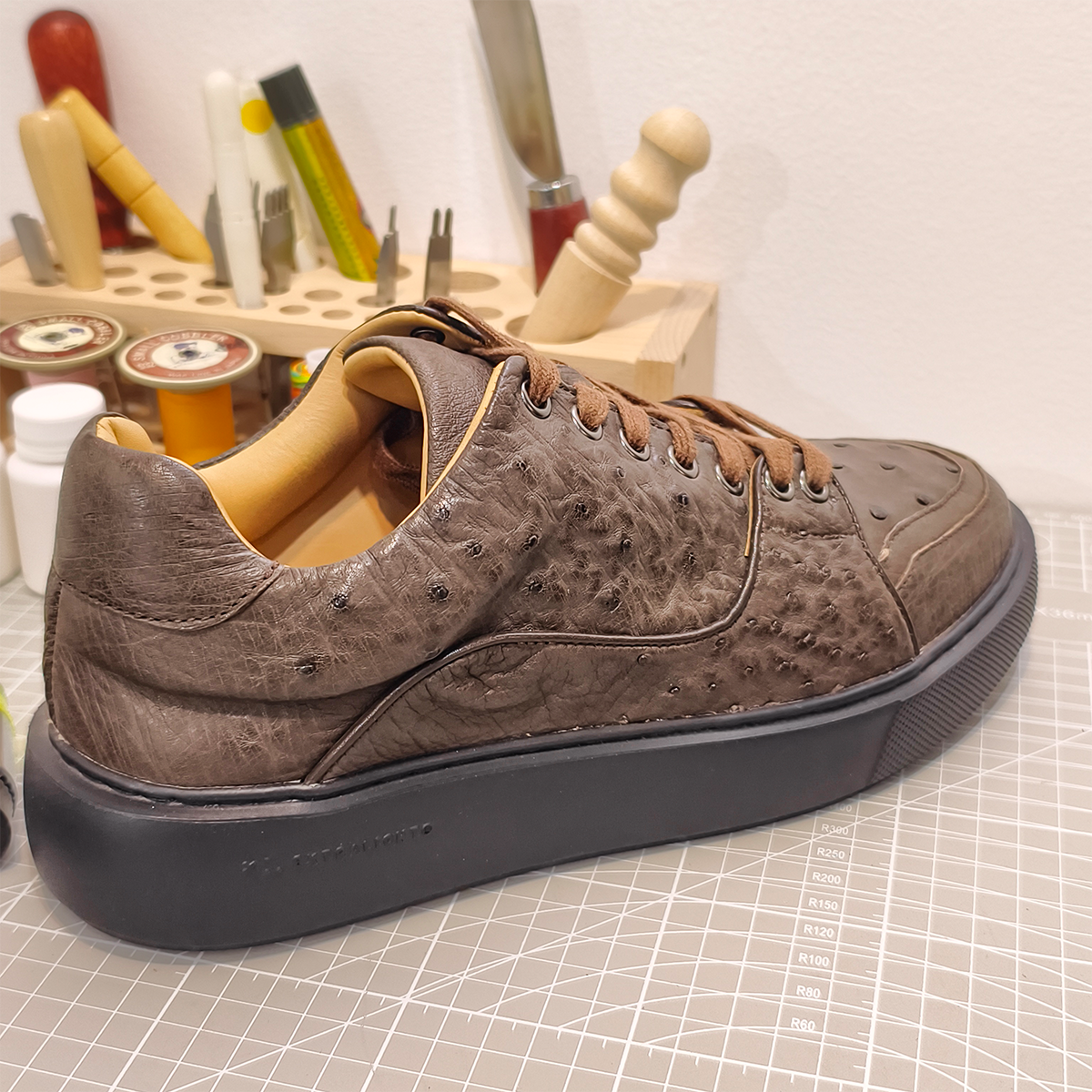 Handmade Genuine Ostrich Leather Sneakers, Rich Brown Design with Italian-Brand Sole