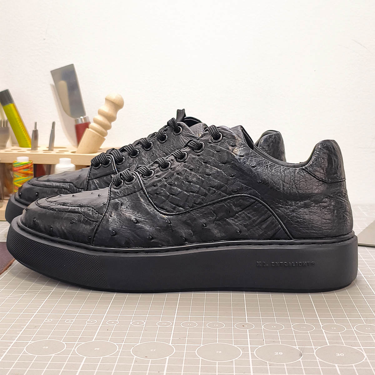 Handmade Genuine Ostrich Leather Sneakers, All-Black Design with Italian-Brand Sole