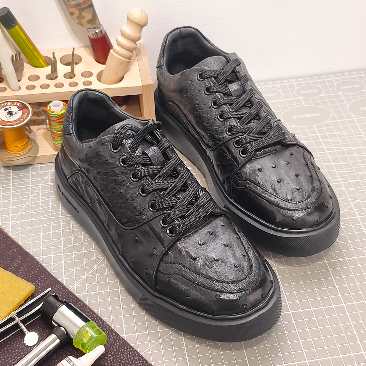 Handmade Genuine Ostrich Leather Sneakers, All-Black Design with Italian-Brand Sole