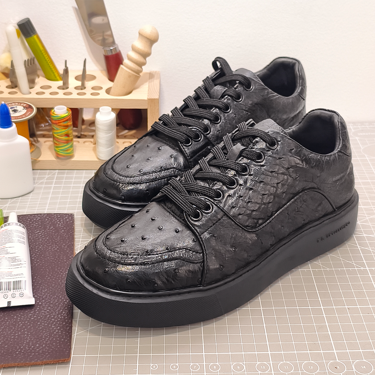 Handmade Genuine Ostrich Leather Sneakers, All-Black Design with Italian-Brand Sole
