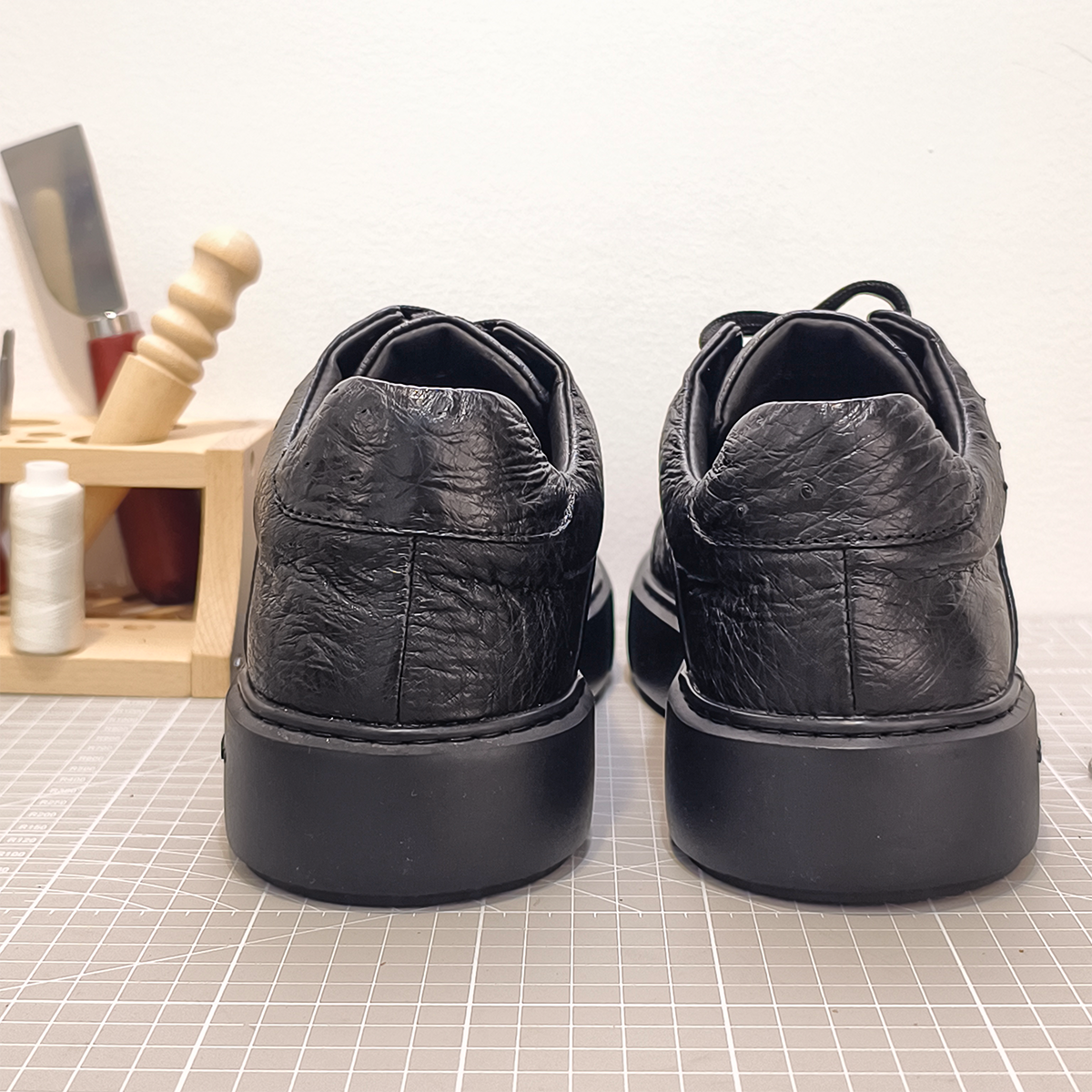 Handmade Genuine Ostrich Leather Sneakers, All-Black Design with Italian-Brand Sole