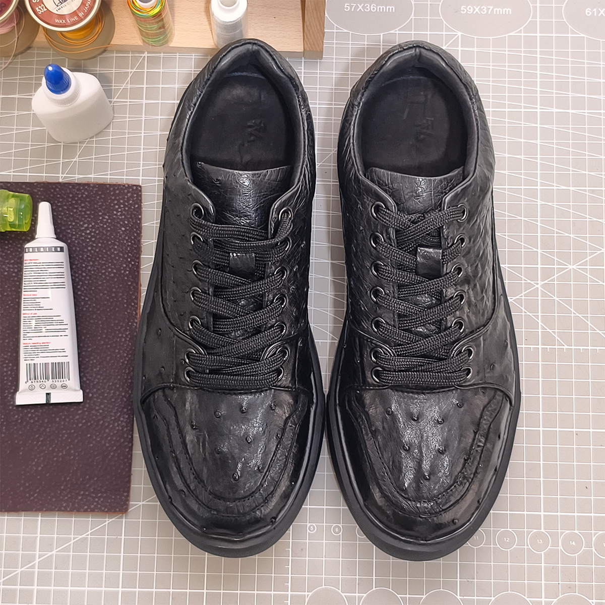 Handmade Genuine Ostrich Leather Sneakers, All-Black Design with Italian-Brand Sole