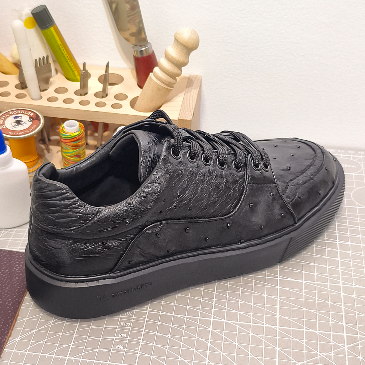 Handmade Genuine Ostrich Leather Sneakers, All-Black Design with Italian-Brand Sole