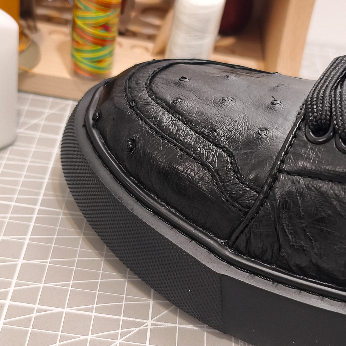 Handmade Genuine Ostrich Leather Sneakers, All-Black Design with Italian-Brand Sole