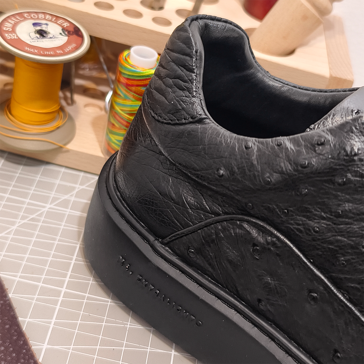 Handmade Genuine Ostrich Leather Sneakers, All-Black Design with Italian-Brand Sole