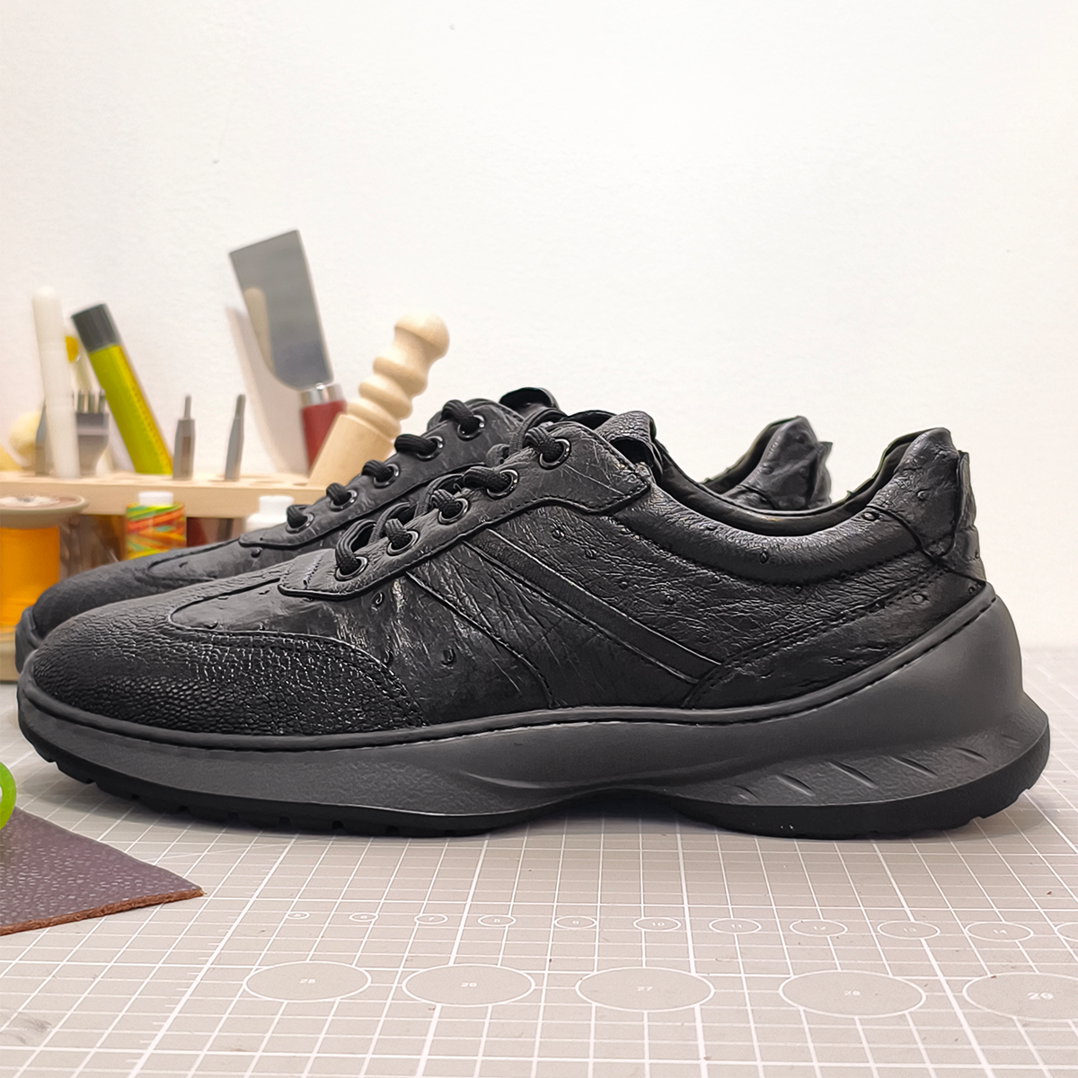 Handmade Genuine Ostrich Leather Sneakers, All-Black Sleek Design