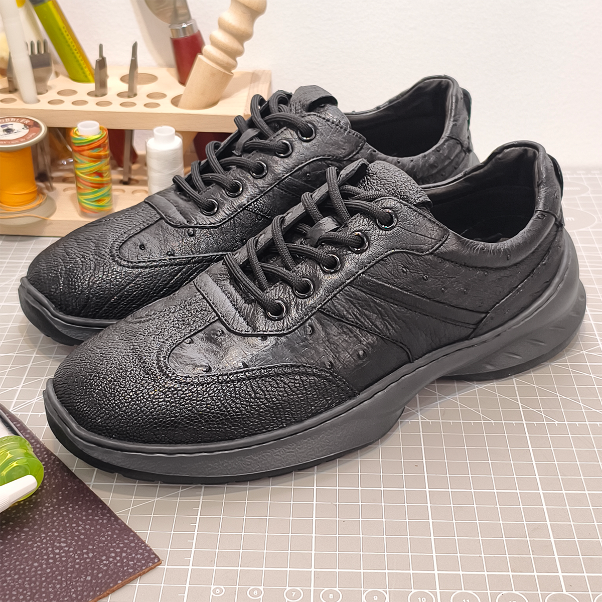 Handmade Genuine Ostrich Leather Sneakers, All-Black Sleek Design